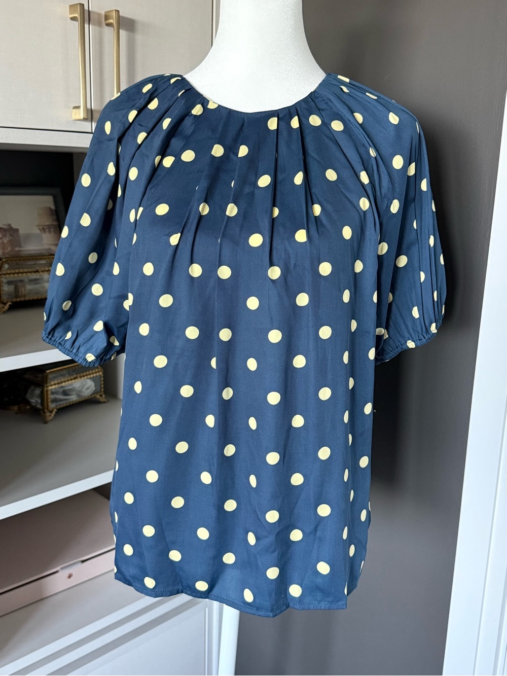 Ann Taylor Navy Blouse with Yellow Polka Dots
